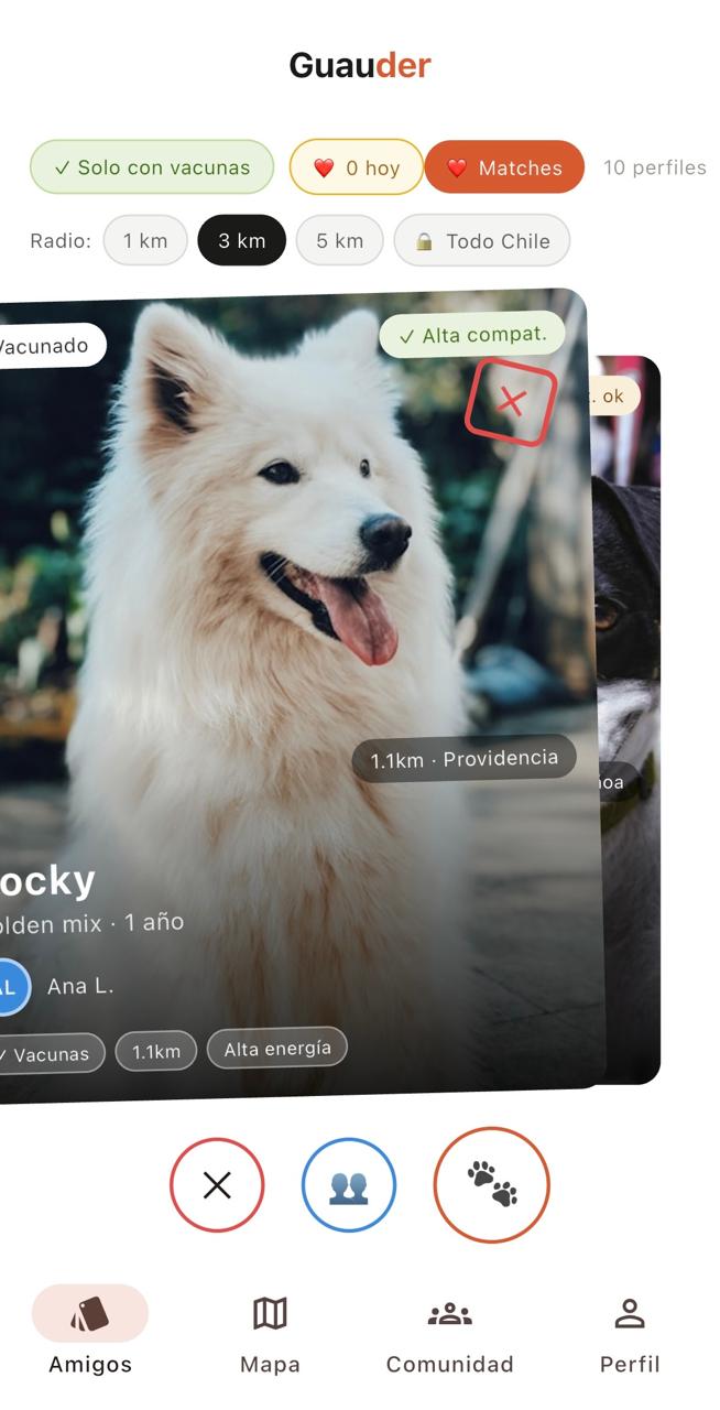 Pantalla de la app Guauder mostrando perfiles de perros compatibles