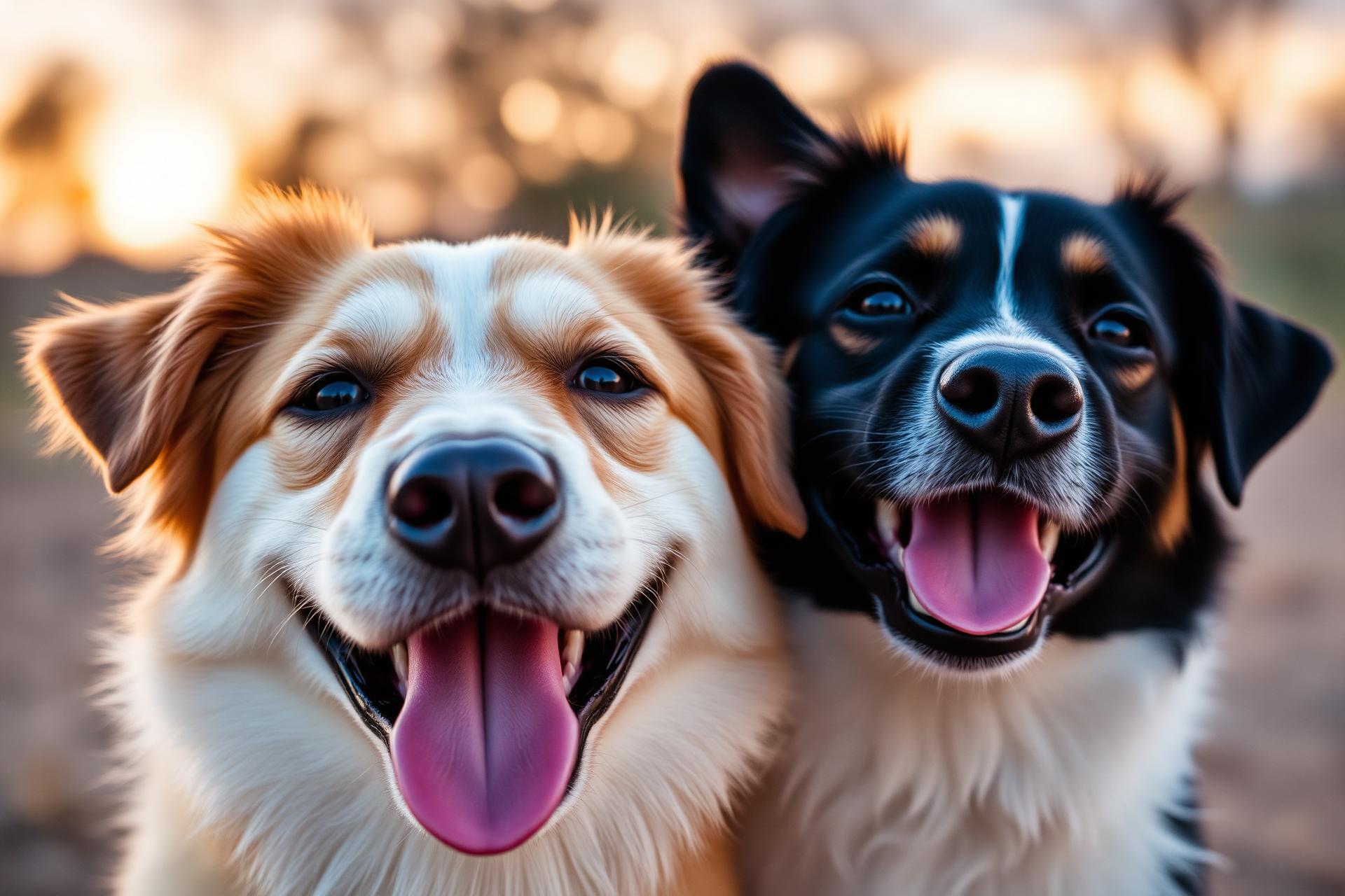 Dos perros felices al atardecer, listos para hacer nuevos amigos con Guauder