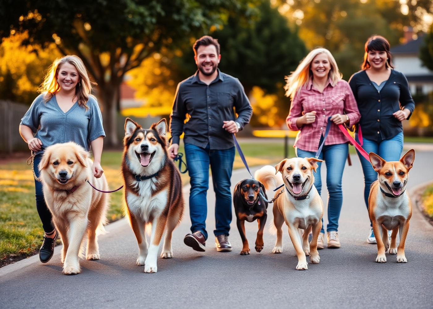 Grupo de perros paseando junto a sus dueños al atardecer